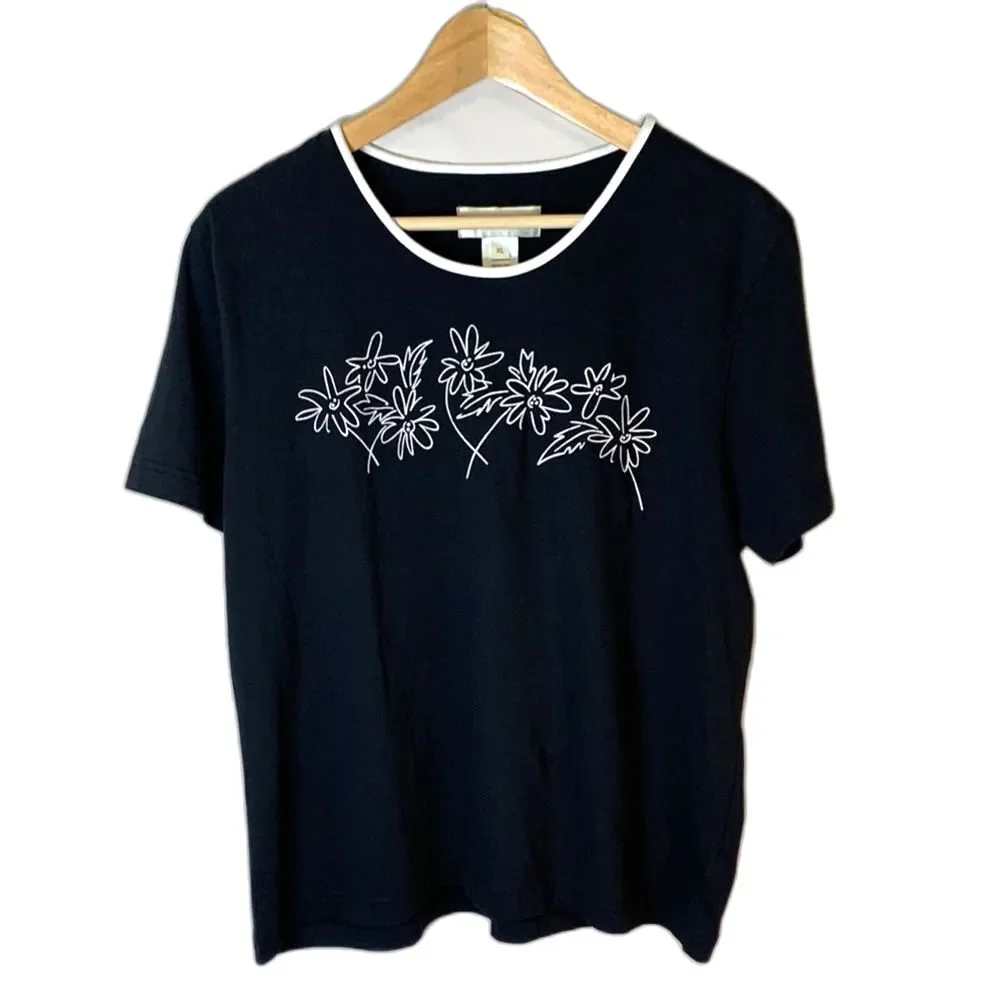 Susan Bristol Black Cotton White Floral Detail Scoop Neck SS T-Shirt Size XL
